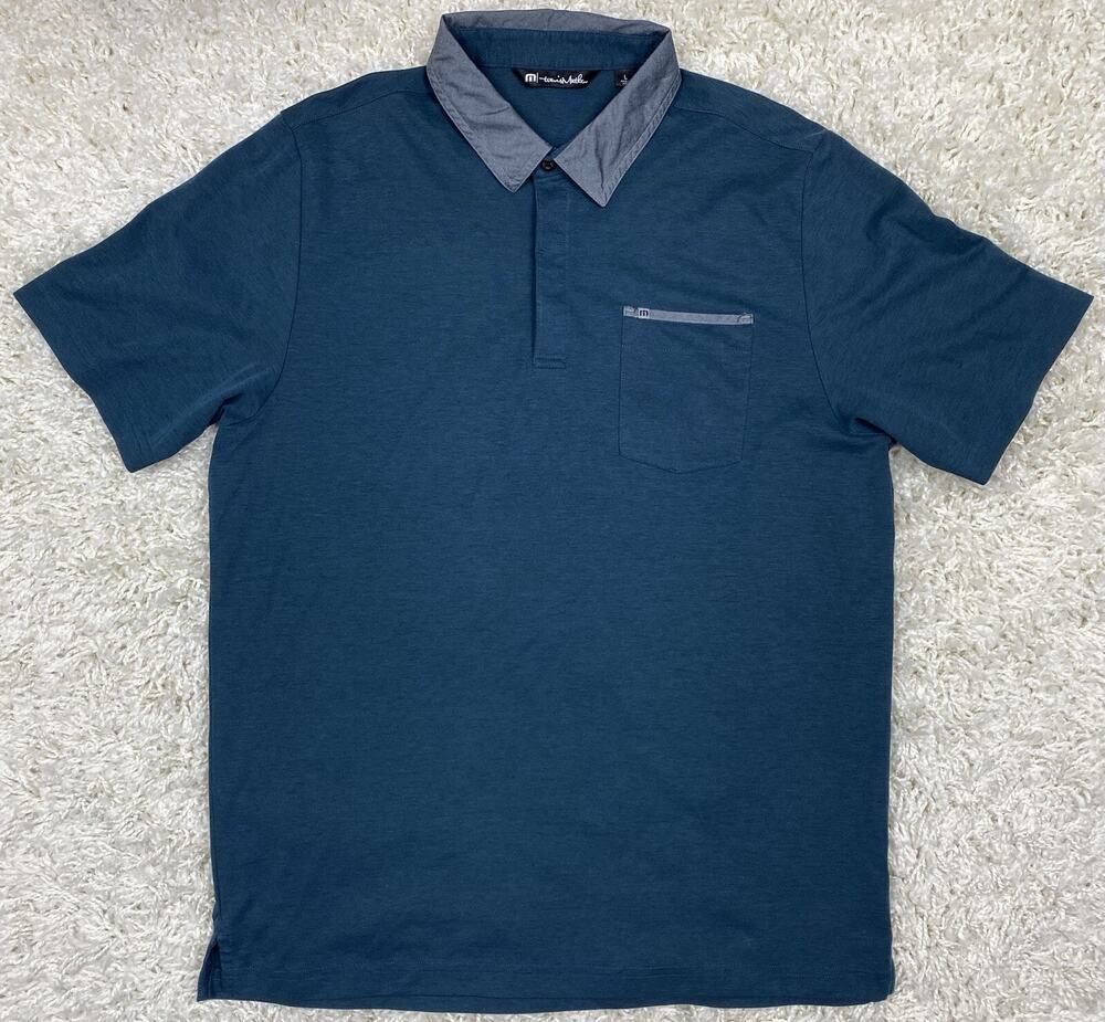 Travis Mathew Men's L Teal Blue Polo Contrast Collar Pima Cotton Golf Shirt